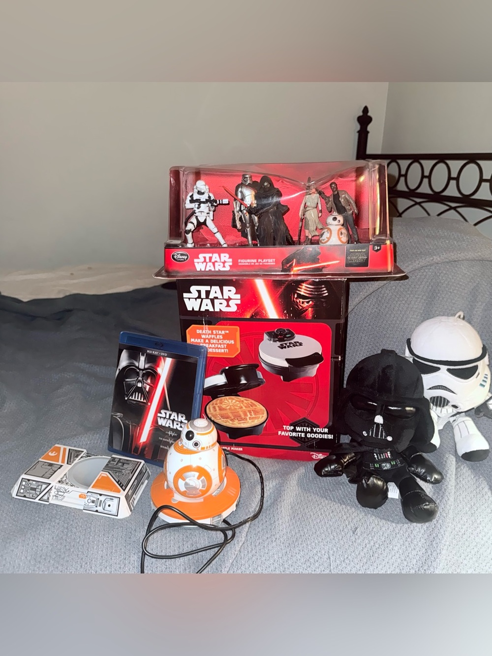 Star Wars BB-8 droid, Death Star waffle maker, figurines set, blue ray DVD, toys